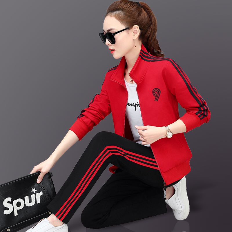 Sportswear suit women's spring and Autumn season 2019 new edition fashion large size Korean long-sleeved running leisure thick cotton three-piece set