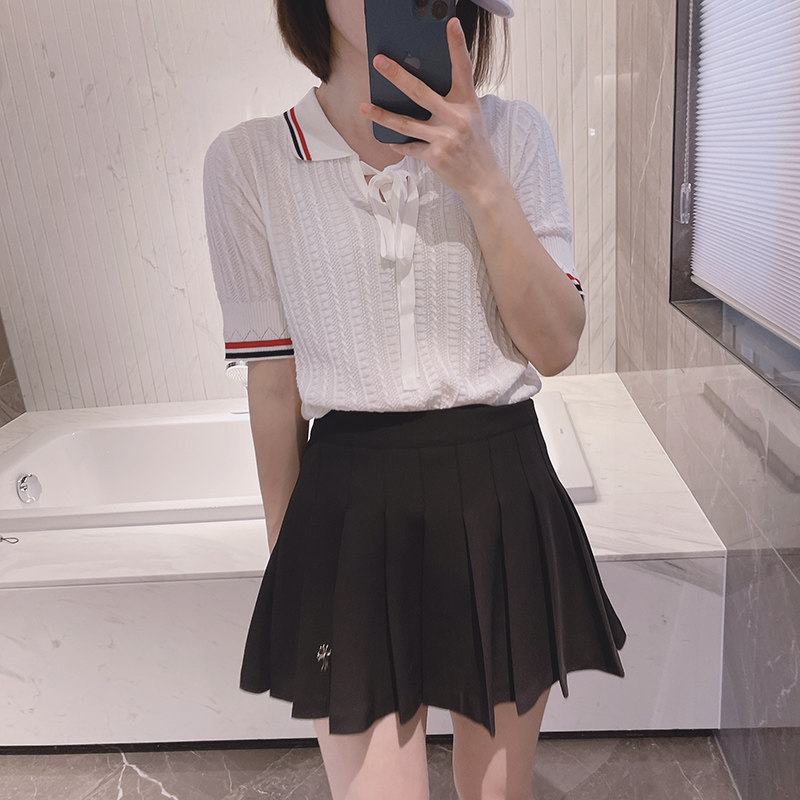 TB knit tie polo shirt women's air-conditioning summer ultra-thin T-shirt short-sleeved commuting trendy pullover air-conditioning shirt ice silk knitted t