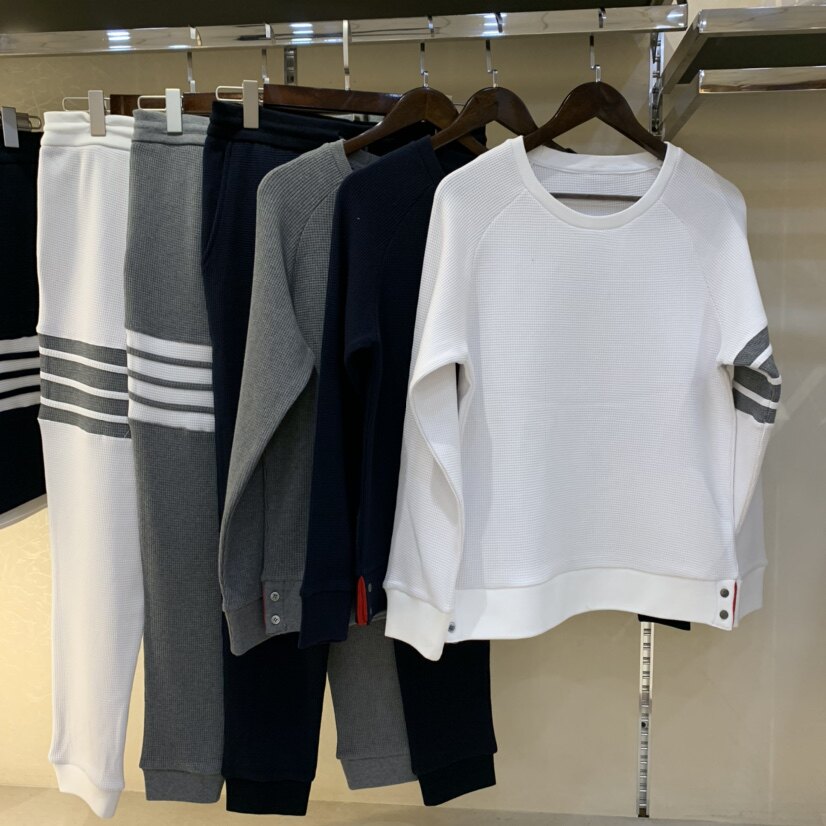 TB waffle sweater summer autumn four bars men and women loose trendy new round neck couple pure cotton pullover top