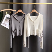 TB thin sweater knitted cardigan 21 years new summer and autumn off-white hooded cardigan four bars sunscreen air conditioning cover