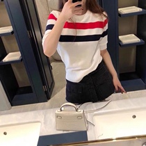 TB knit short-sleeved color contrast striped short-sleeved T-shirt loose and versatile 2021 summer and autumn ice silk round neck top womens t