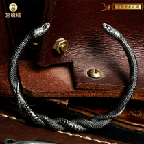 New text Forbidden City style State Wind Power China Chauven Worm Original Pure Silver Inlaid Gold Double Snake Twine Bracelet Bracelet