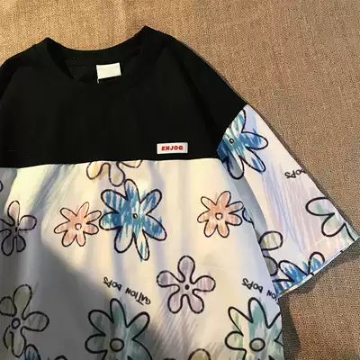 American retro hip-hop colorful flower print T-shirt men and women National tide niche design color pattern half-sleeved shirt 21 Spring