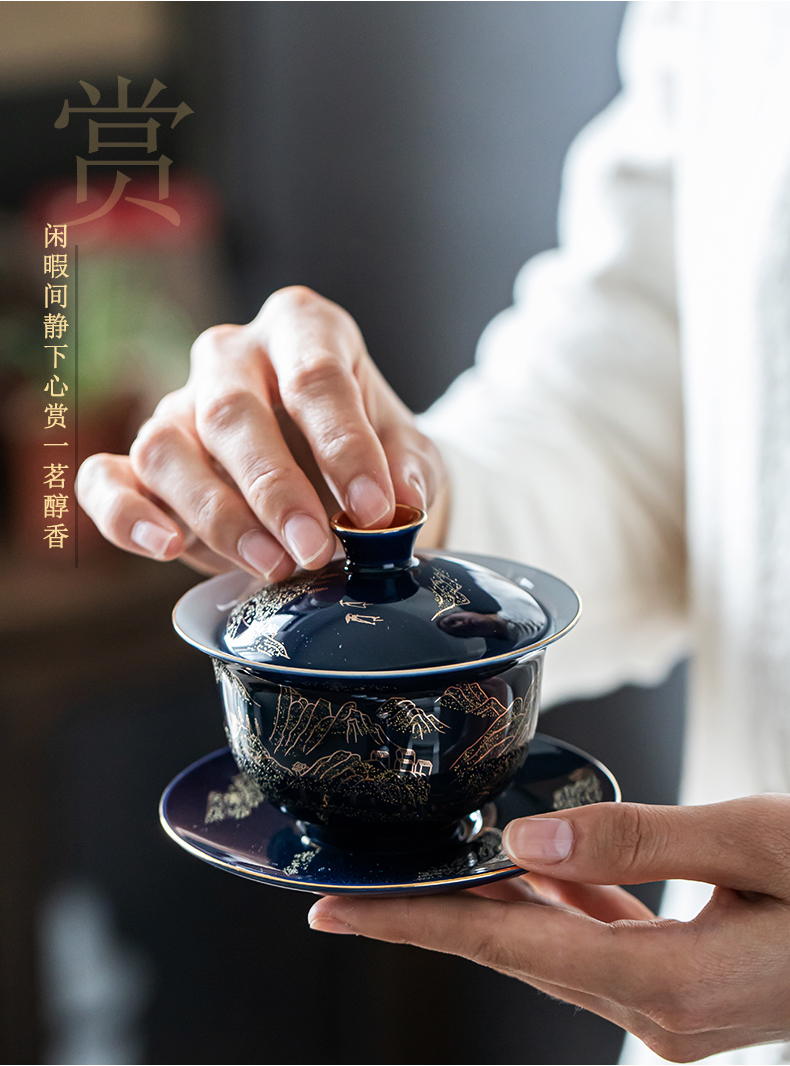 Ji blue glaze see kung fu tea set suit household of Chinese style restoring ancient ways tureen ceramic teapot teacup office contracted