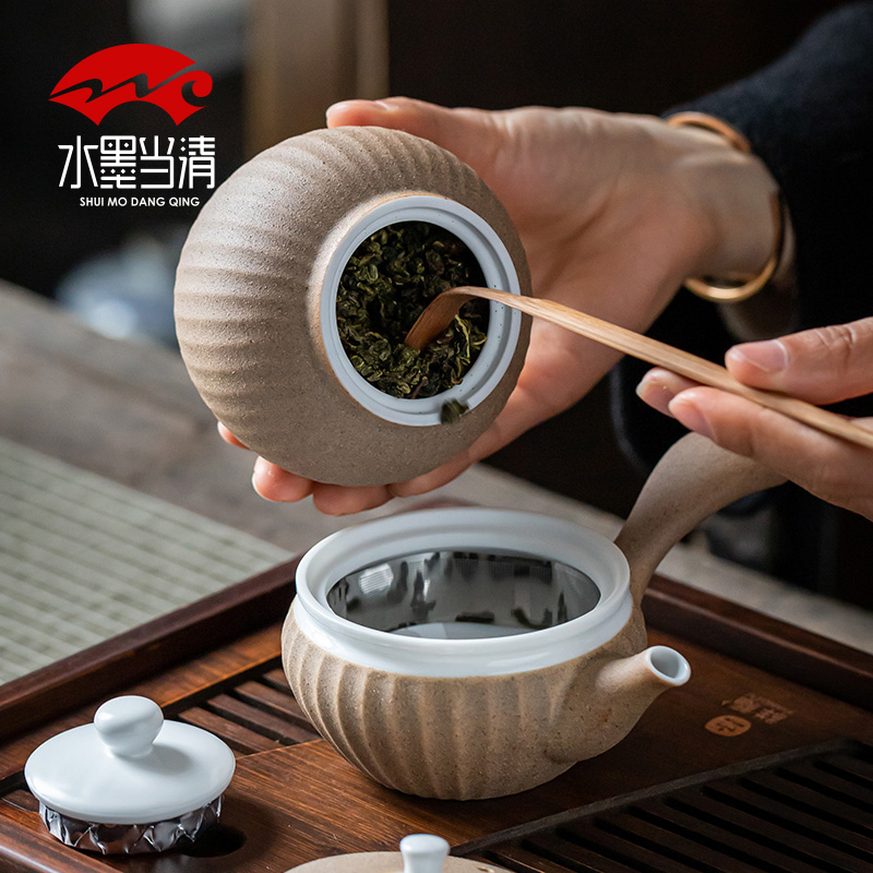 Japanese coarse pottery kung fu tea set suit pure manual lateral teapot teacup restoring ancient ways of household ceramics with high - end gift box
