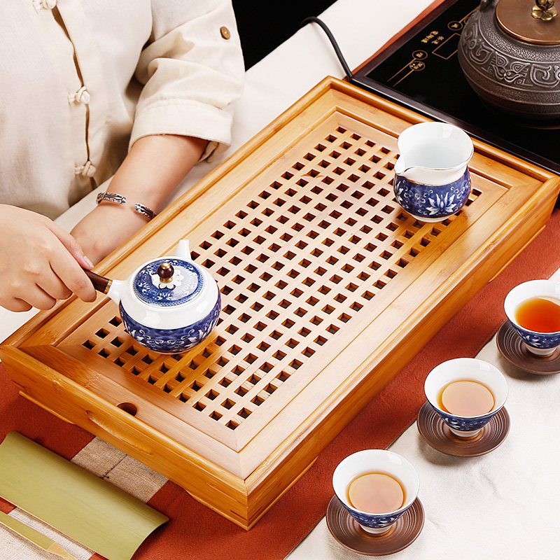 Bamboo solid wood tea tray water storage bamboo tea table household rectangular small large Kung Fu tea set tray