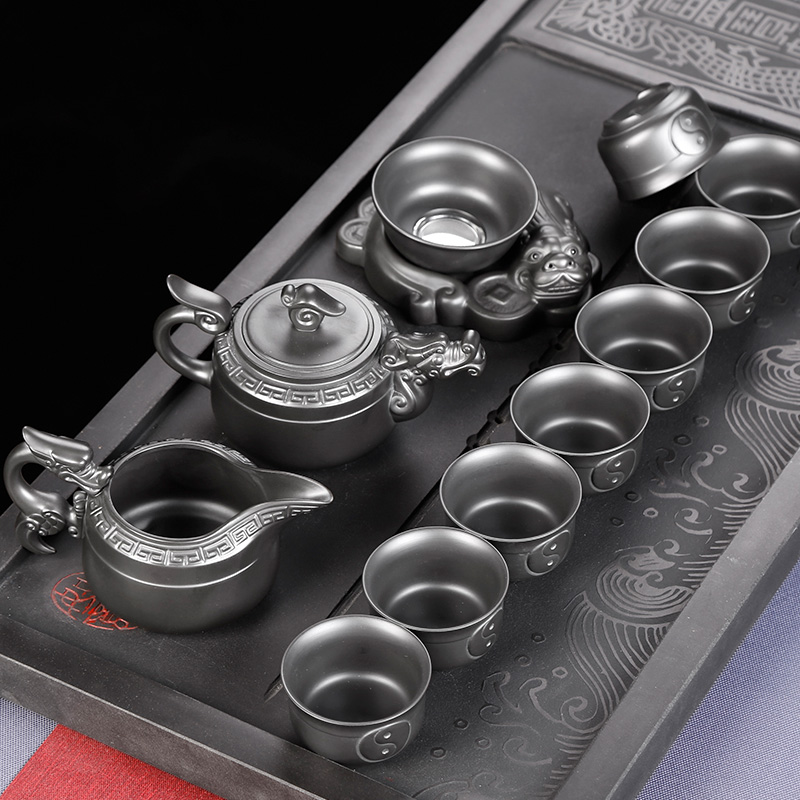 Yixing dark purple sand tea set household pure manual purple clay teapot kung fu tea cups office ceramic restoring ancient ways