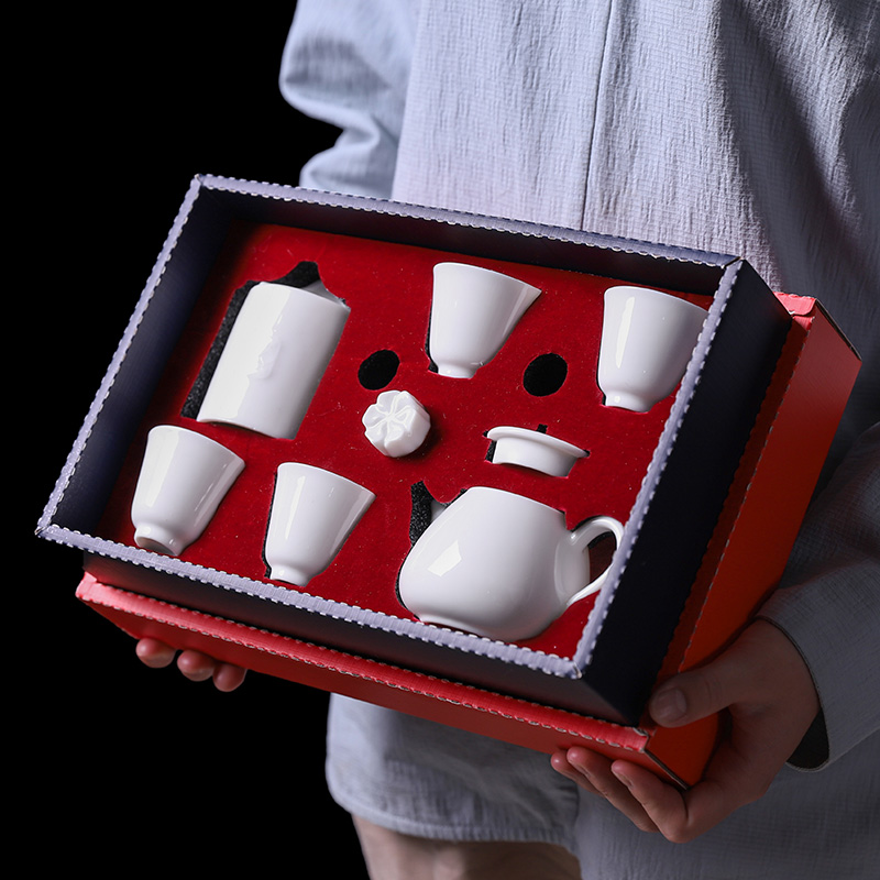 Dehua white porcelain kung fu tea set suit household pure white ceramic tea cup small set of gift boxes of custom logo