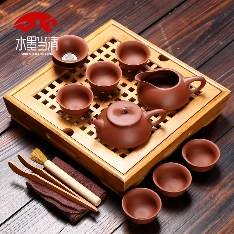 Household mini kung fu tea sets of a complete set of purple sand pottery and porcelain teacup office simple water small square bamboo tea tray