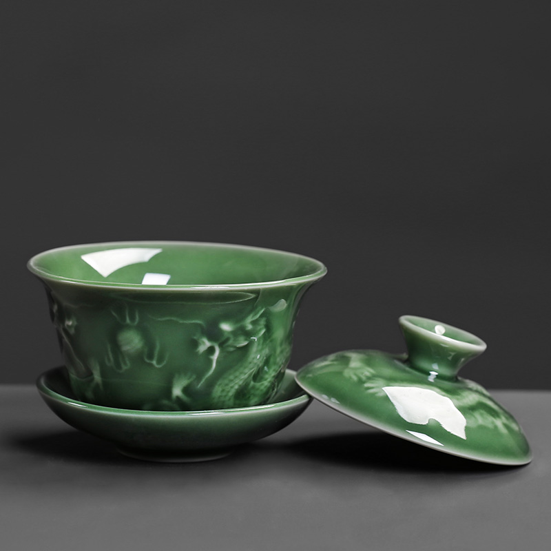 Celadon tureen kung fu tea set ceramic teapot to make tea bowl large bowl three tureen anaglyph dragons