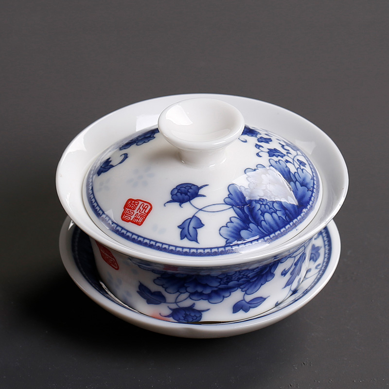 The Home of kung fu tea set ceramic hand - made tureen tea cup bowl bowl three cup small thin white porcelain applique tyre