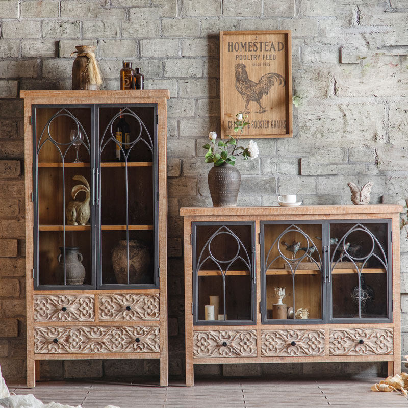 Industrial Wind Hyun Guan Cabinet Solid Wood American Countryside Retro Carved Lace Cabinet Iron Art High Cabinet Living Room Leaning Against Wall Decoration Cabinet