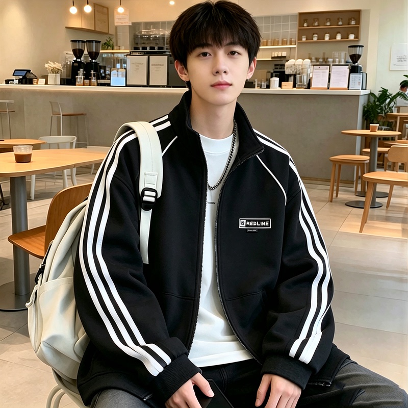 Spring and Autumn Casual Sports Style Stand-Up Collar Zipper Jacket for Men and Teenagers, Black Striped Loose Cardigan Thin Coat Trendy