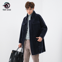 Winter mens sheen cut grain suede coat with long sheet Hainen fur Thickened Tide Lamb Fur One-piece Jacket