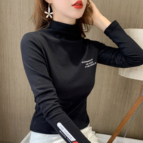  Bottoming shirt womens autumn and winter inner match spring and autumn all-match 2020 black semi-high neck embroidery slim long-sleeved t-shirt top tide