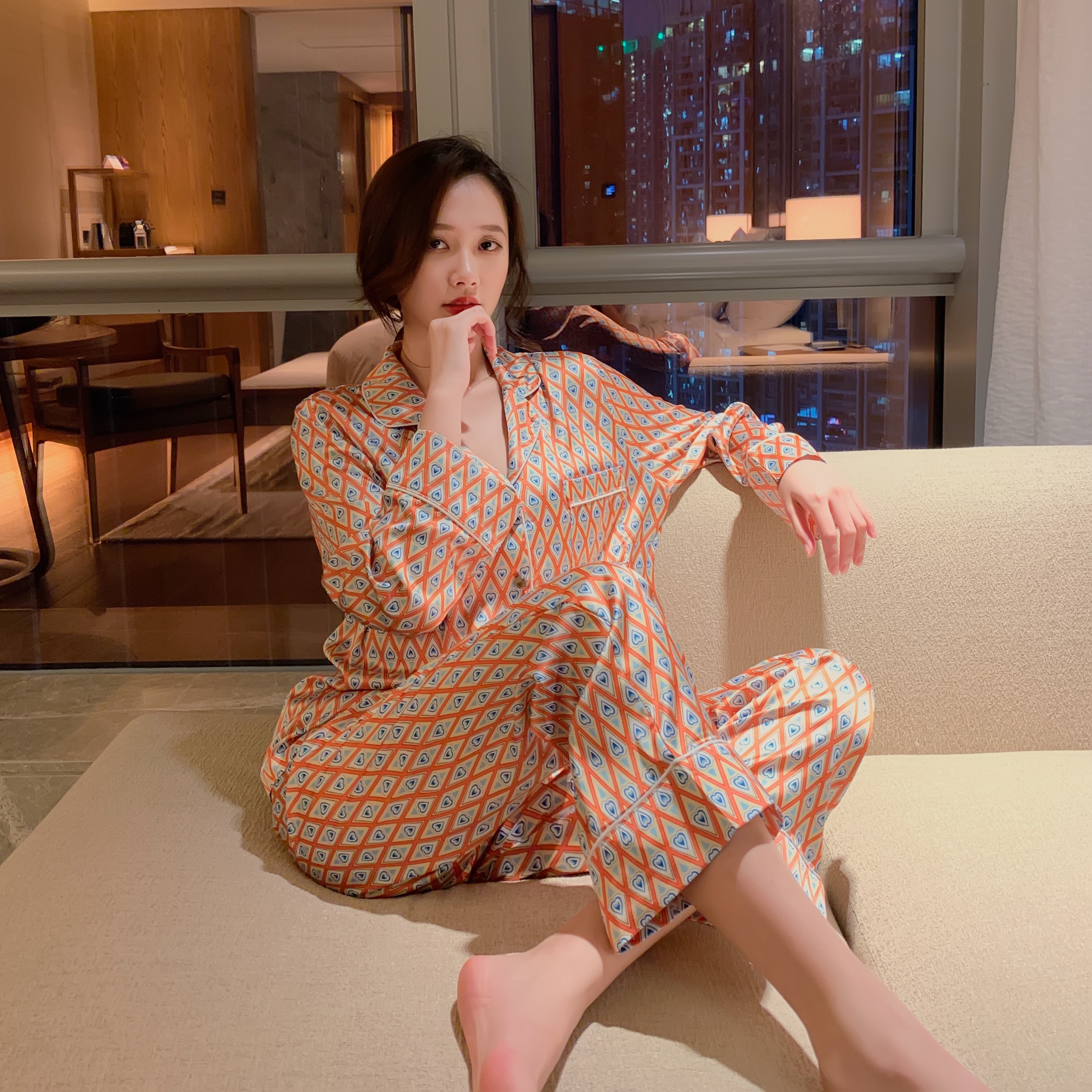 Exquisite little woman ~ pajamas female spring autumn silk sweet long sleeve thin retro suit INS loose home suit