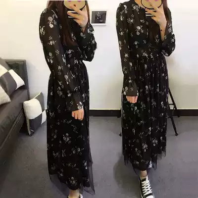 French floral dress autumn long version knee temperament 2020 Spring Korean retro student long sleeve chiffon skirt