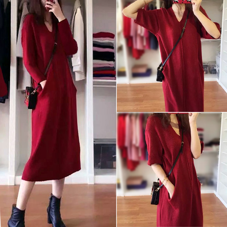 Light-ripened long sleeve knit foreign dress female spring autumn winter long version of sweater dress with knee loose fit inside a long dress