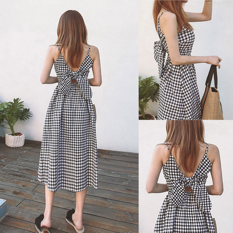 Black and white plaid dress summer 2020 new Korean version of small fresh thin halter leaky shoulder sleeveless suspender skirt women