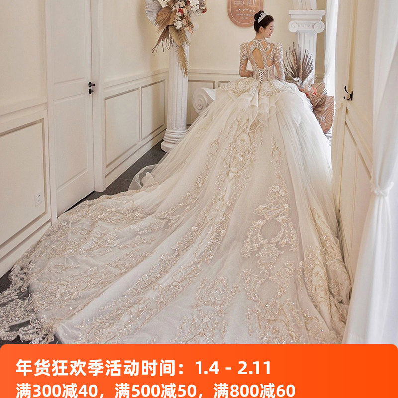 Французское свадебное платье с длинными рукавами bride 2026, новая высококачественная текстура, большой хвост, тяжелая промышленность, роскошная основная пряжа высокой четкости, женская