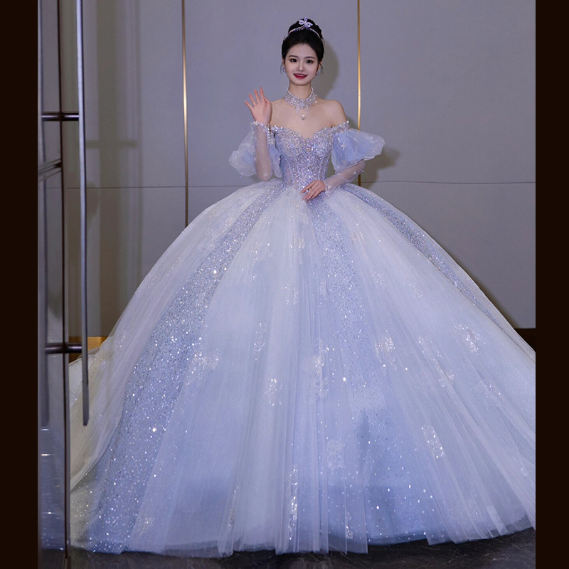 One word shoulder blue French wedding dress 2024 new bride is fugitive princess palace wind dragging high -end tail tail One word shoulder blue French wedding dress 2024 new bride is fugitive princess palace wind dragging high -end tail tail