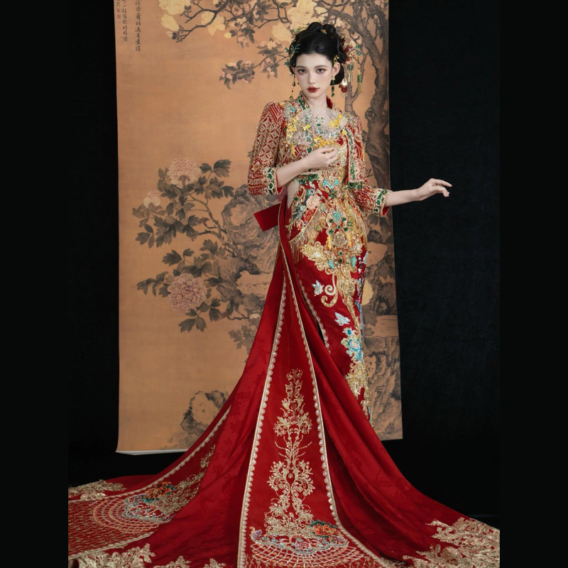 New Chinese-Style Heavy-Duty Red Xiuhe Wedding Dress 2026 New Model High-End Mermaid Embroidery Engagement Toast Dress for Brides