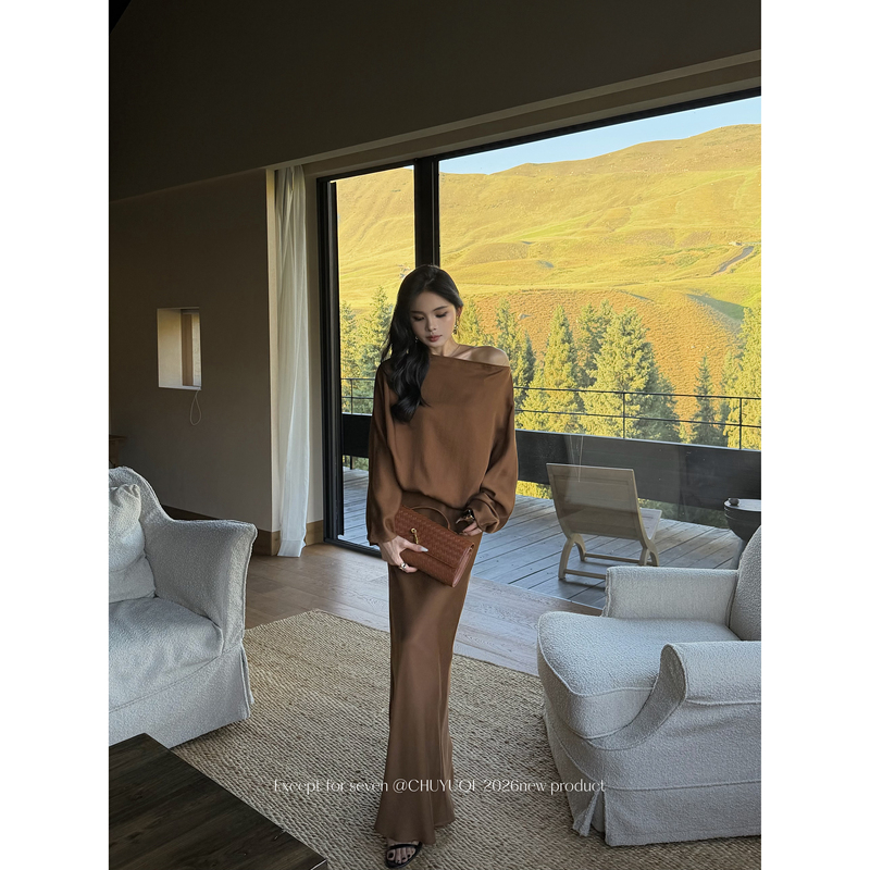 Chuyuqi Karant Casual Wear 2 100 Lyocell Off-Shoulder Batwing Sleeve Fishtail Skirt Antique Brown Suit Chuyuqi Karant Casual Wear 2 100 Lyocell Off-Shoulder Batwing Sleeve Fishtail Skirt Antique Brown Suit
