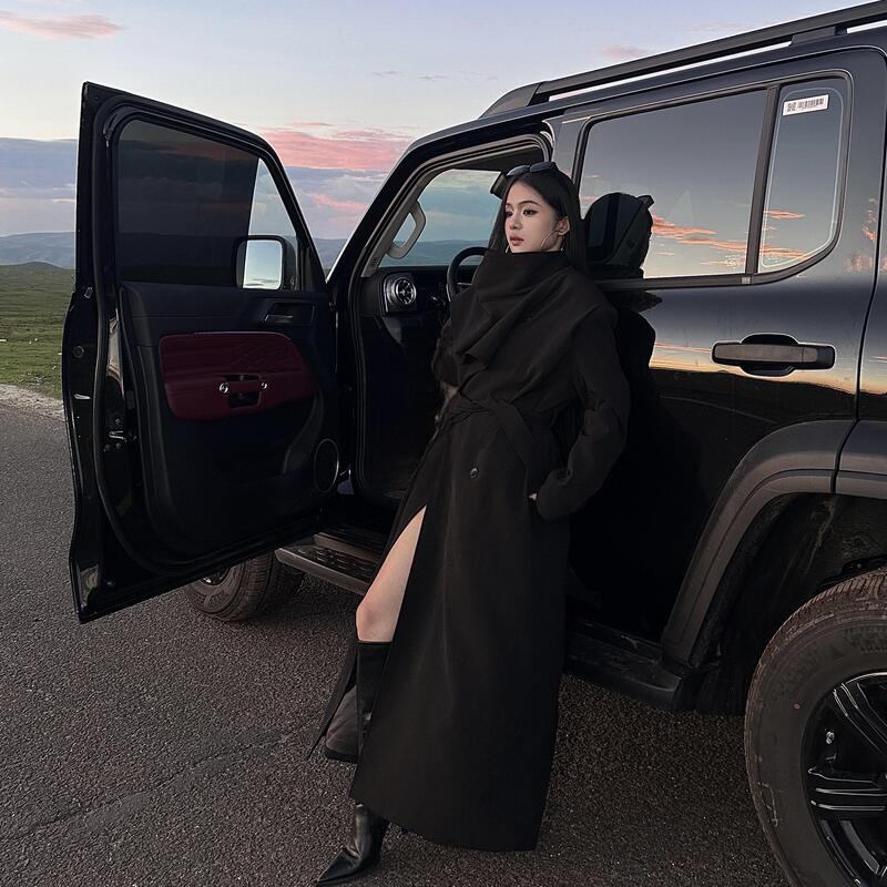 Except for Seven【Black Warrior】Autumn and Winter Design Sense Oversized Scarf Coat Autumn Long Black Trench Coat for Women Except for Seven【Black Warrior】Autumn and Winter Design Sense Oversized Scarf Coat Autumn Long Black Trench Coat for Women