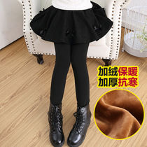 Girls culottes 2021 spring and winter New black lace bottoming pants fake two children plus velvet girls