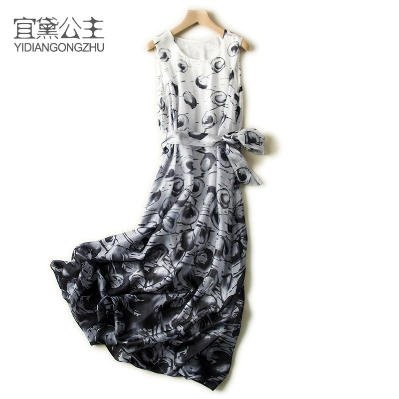 Princess Yidai Silk không tay Tính khí Váy ôm mùa hè mới của phụ nữ cổ tròn Váy dài lụa dâu tằm - Sản phẩm HOT