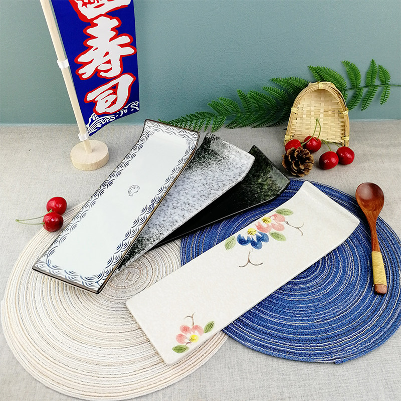 Japanese dining room tableware one-sided warped edge American sushi hand-rolled long flat plate creative hand-painted ceramic barbecue plate