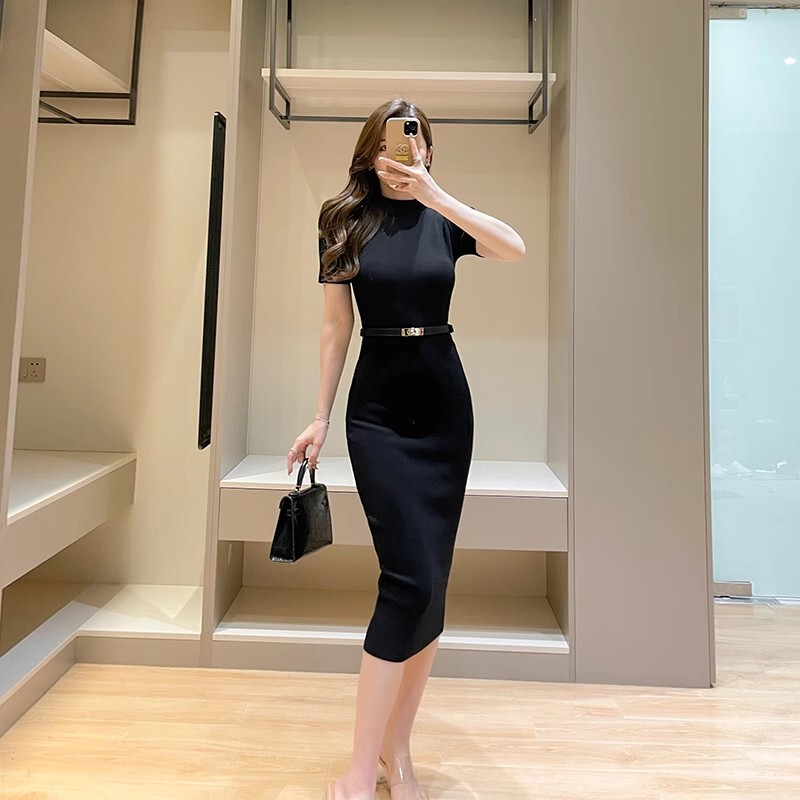 Over-The-Knee Knitted Dress, New Summer Style, Versatile, Small Stand-Up Collar, Short Sleeves, Slim Fit, Hip-Hugging Skirt, Base Skirt