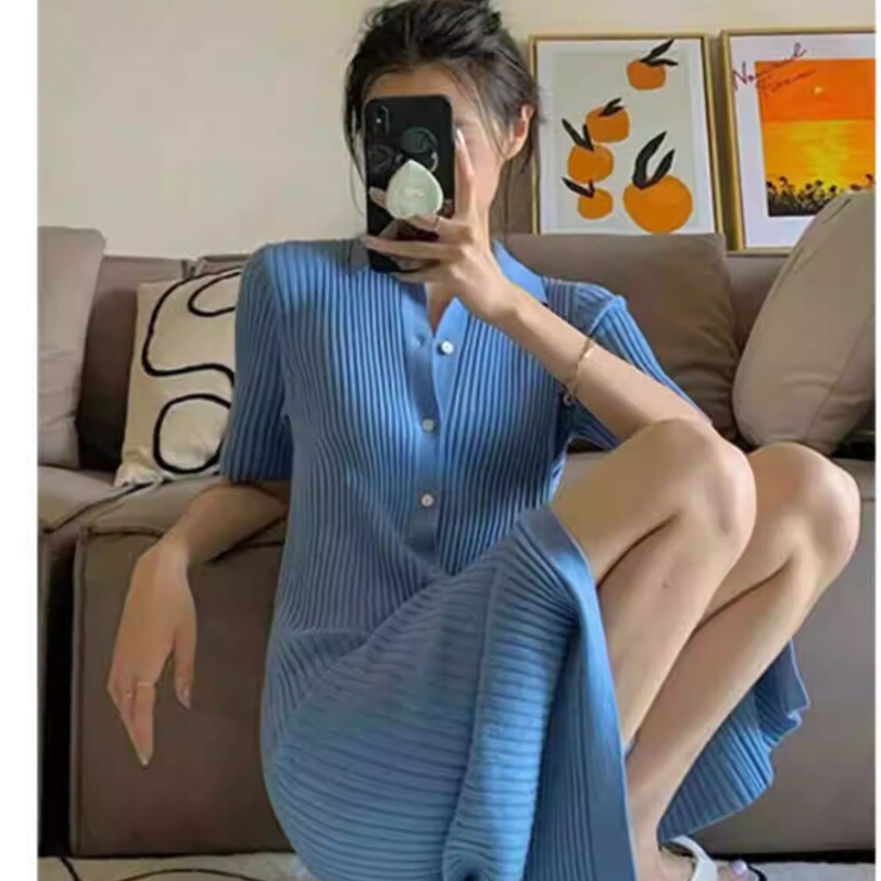 2024 New Women's Elegant Slim-Fit Dress Summer Blue Knitted Polo Collar T-Shirt Dignified and Elegant Dress