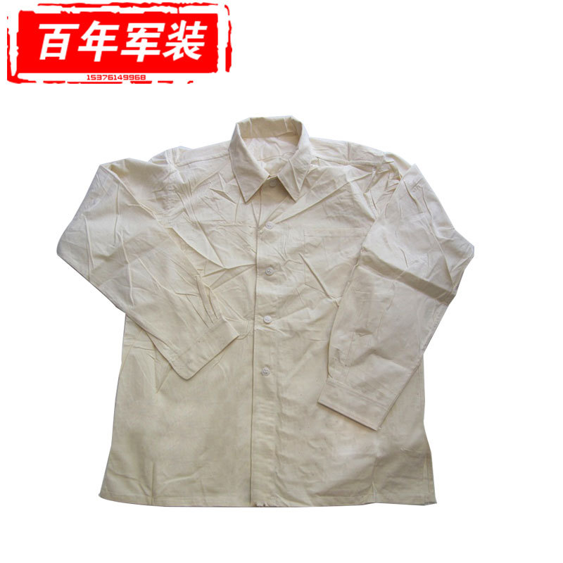 65-Style Long-Sleeve Shirt, Pure Cotton, Old-Style White Shirt, Sweatshirt, Coarse Cloth Shirt, High-Quality Replica Military Uniform, Pure Cotton Shirt