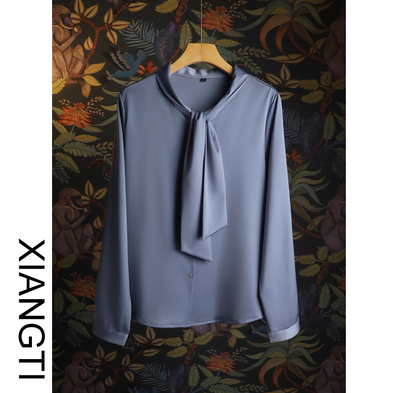 XT2021 new shirt women's long-sleeved satin professional French top summer design niche blue loose