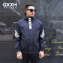 GxxH large size mens trendy brand fat hooded jacket fatten large loose letter print long sleeve windbreaker jacket