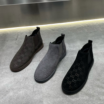 Genuine leather mens shoes trendy winter plus velvet warm new short boots all-match snow boots soft-soled slip-on mens casual shoes