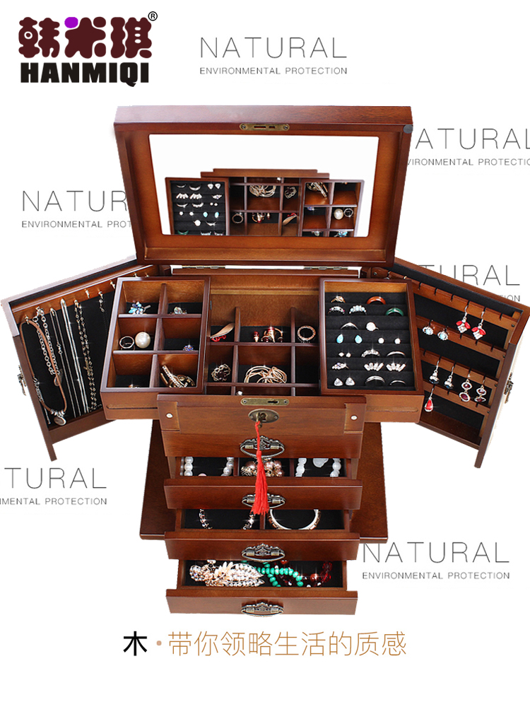 Han Miqi jewelry box Solid wood with lock princess European retro with mirror makeup box Jewelry storage dressing box