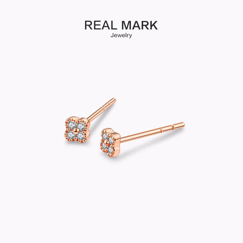 Mini Diamond Four Bluff · 18k Golden Needle Simple Female Little Delicate Rose Golden Earring Small Earring Nail