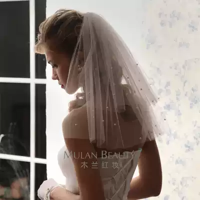 Korean bride's new double-layer white pearl wedding short veil hard net travel photography accessories