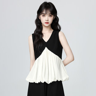 French-Style V-Neck Vest for Women, Summer Outerwear, 2026 Summer New Design, Black Ruffle Splicing Sleeveless Top