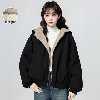 Black Hooded Cotton Jacket for Women, Winter 2026 New Style, Loose Fit, Fleece-Lined, Thickened Cotton Coat, Short Plush Top