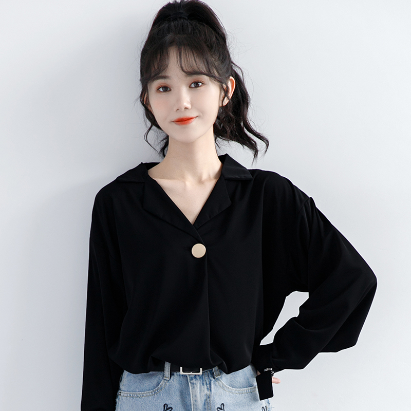 2021秋季新款复古港风一粒扣黑色长袖衬衫女春秋...