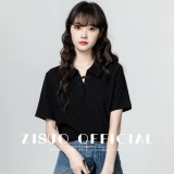 Черная летняя дизайнерская футболка с коротким рукавом, китайский стиль, тренд сезона, воротник поло