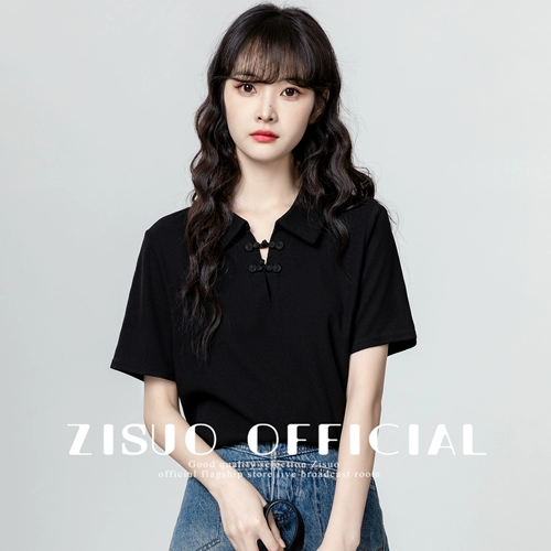 Черная летняя дизайнерская футболка с коротким рукавом, китайский стиль, тренд сезона, воротник поло