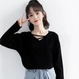 Осенний черный приятный телу хлопковый лонгслив, V-образный вырез, высокий воротник, в корейском стиле