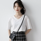 Белая однотонная короткая хлопковая футболка для школьников, коллекция 2023, V-образный вырез, в корейском стиле, короткий рукав