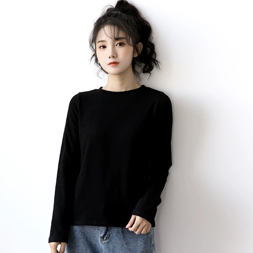 Весенняя черная осенняя футболка, цветной хлопковый приятный телу лонгслив, свободный крой, в корейском стиле