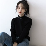 孜索 Демисезонный приятный телу ретро черный лонгслив, высокий воротник