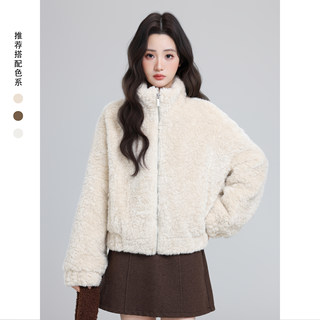 Apricot-Colored Stand-Collar Lamb Wool Coat for Women, Winter 2026 New Style, Loose Thickened Cardigan, Fluffy Short Top
